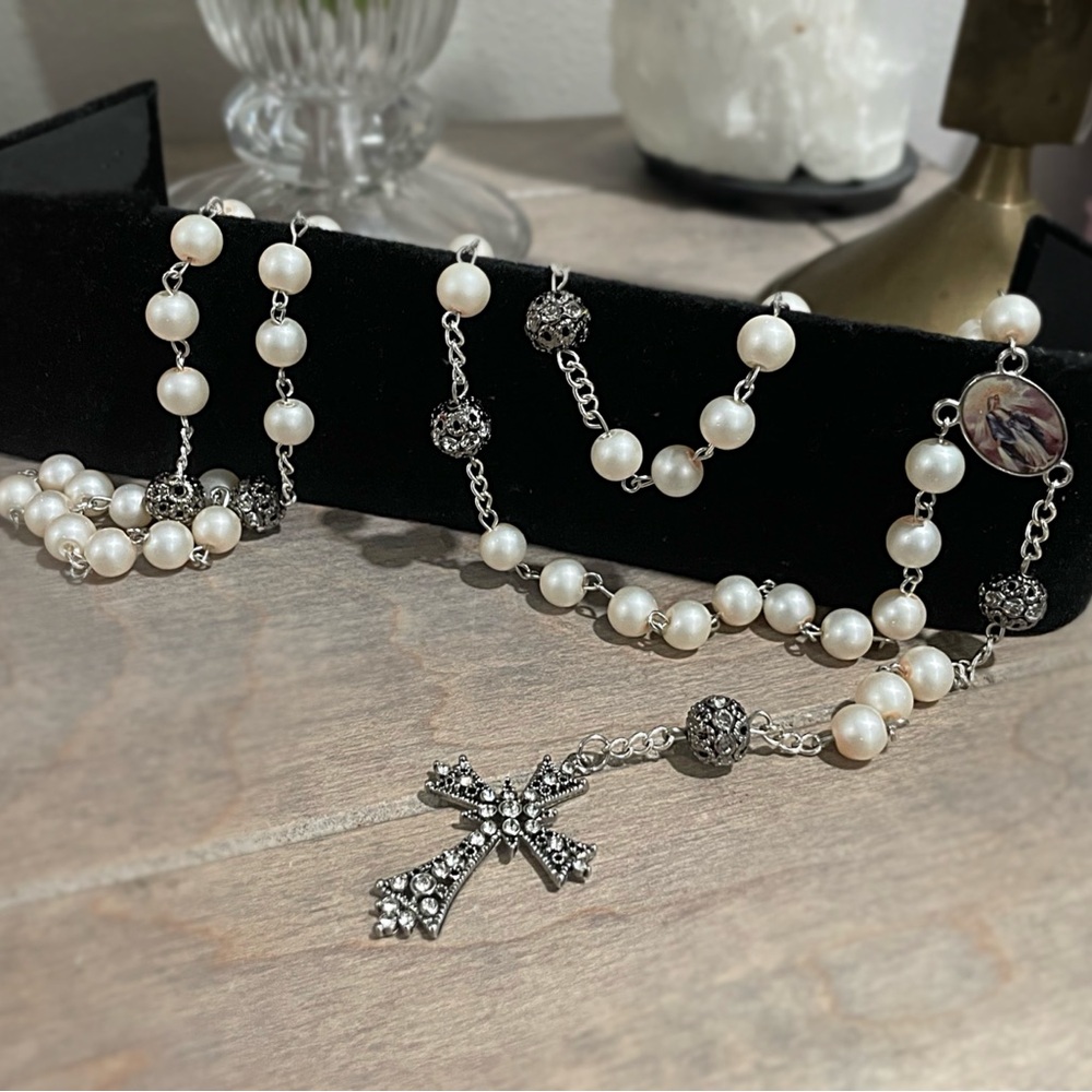Handmade Pearl Beaded Rosary with Black Mysteries